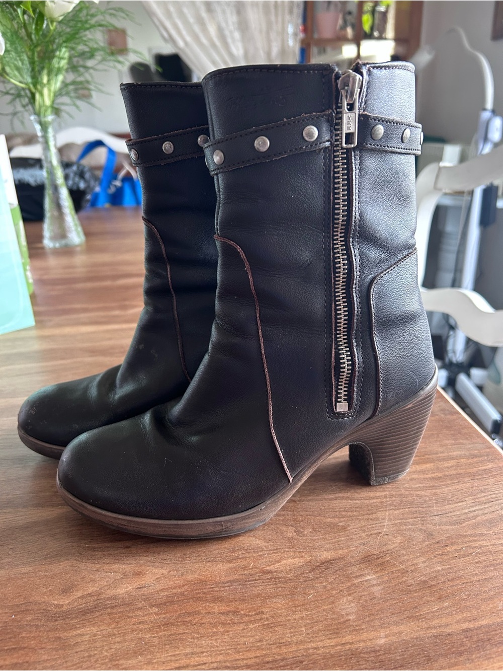 Stud-Trim Black Mid-Calf Heeled Boots with Side Zip